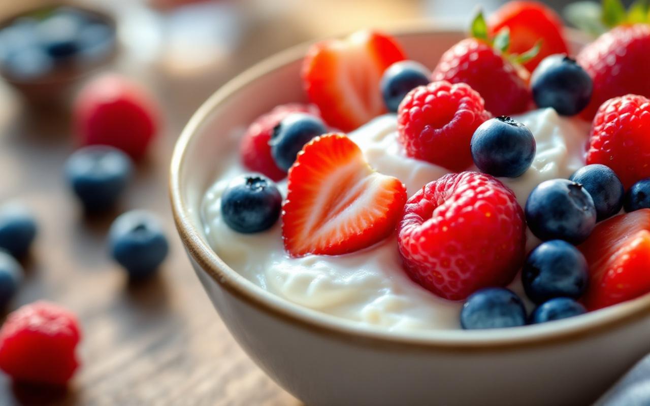 Bol de yaourt grec avec petit-lait visible, garni de fraises, myrtilles et framboises, cuillère métallique posée à côté, sur une table en bois, lumière matinale douce avec légers rayons volumétriques, texture crémeuse et naturelle.