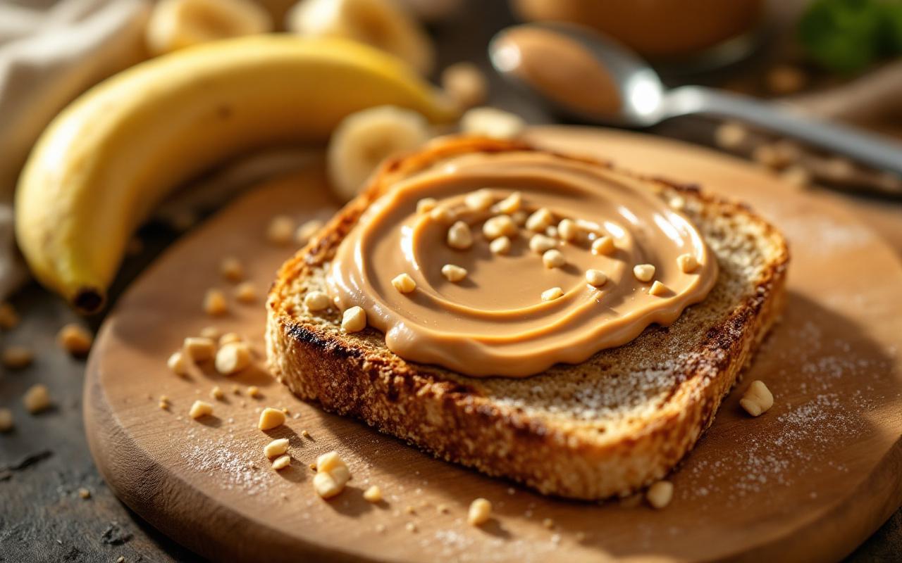 Tartine de pain complet garnie de pâte à tartiner protéinée aux noisettes, gros plan sur la texture crémeuse, pot et cuillère en arrière-plan sur une planche en bois, éclairage matinal doux et chaleureux.