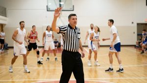 Un arbitre de basketball en tenue officielle signale une faute au centre d’un terrain pendant un match amateur en salle.