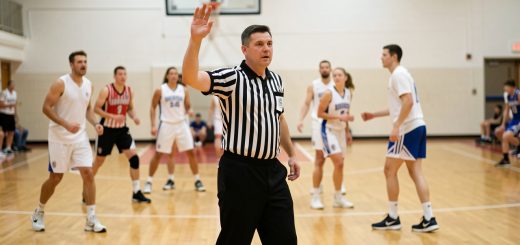Un arbitre de basketball en tenue officielle signale une faute au centre d’un terrain pendant un match amateur en salle.
