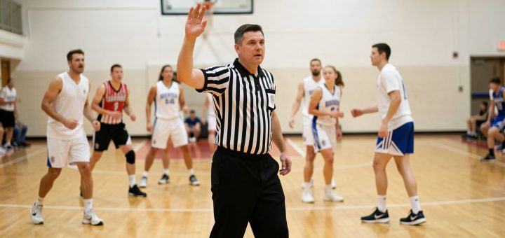 Un arbitre de basketball en tenue officielle signale une faute au centre d’un terrain pendant un match amateur en salle.