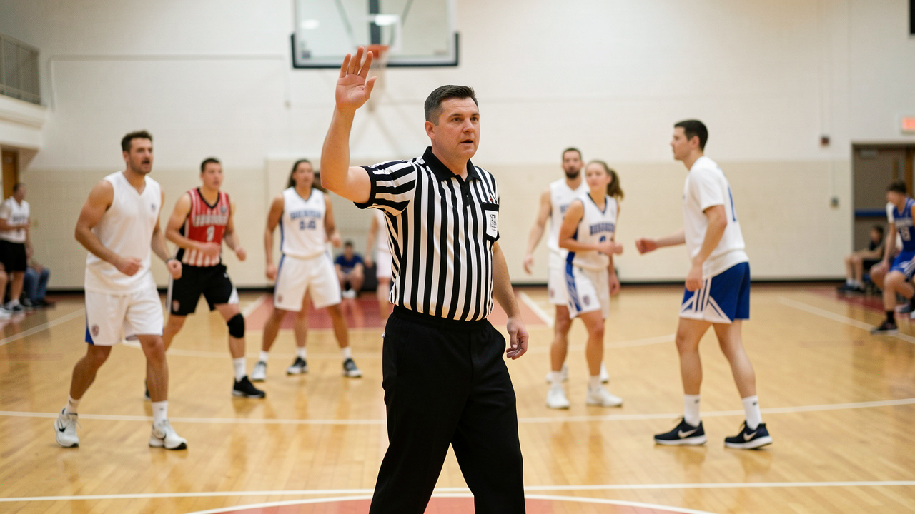 Un arbitre de basketball en tenue officielle signale une faute au centre d’un terrain pendant un match amateur en salle.