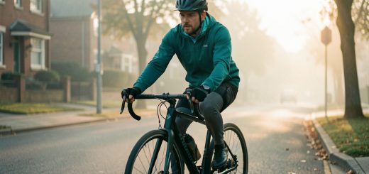 Cycliste urbain sur un vélo équipé roulant dans une rue calme au lever du soleil, lumière matinale douce et ambiance pratique et moderne.
