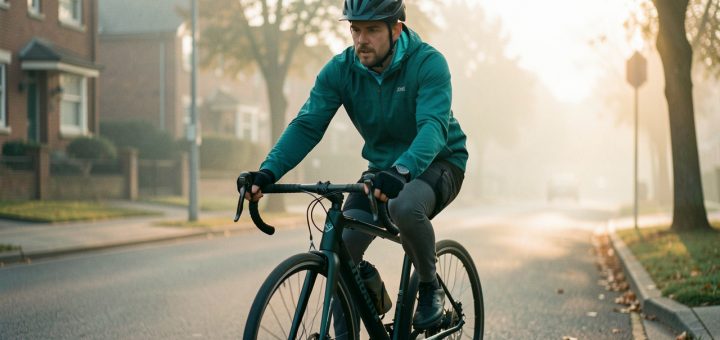 Cycliste urbain sur un vélo équipé roulant dans une rue calme au lever du soleil, lumière matinale douce et ambiance pratique et moderne.