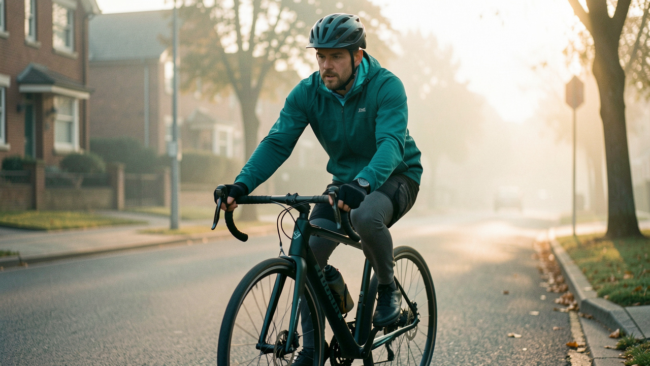 Cycliste urbain sur un vélo équipé roulant dans une rue calme au lever du soleil, lumière matinale douce et ambiance pratique et moderne.
