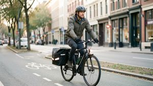 Un cycliste urbain équipé d’un casque, de sacoches et d’éclairages discrets roule sur une piste cyclable en ville.