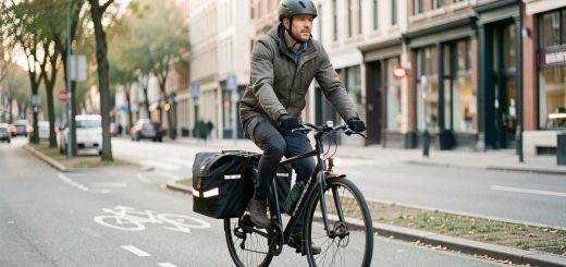 Un cycliste urbain équipé d’un casque, de sacoches et d’éclairages discrets roule sur une piste cyclable en ville.