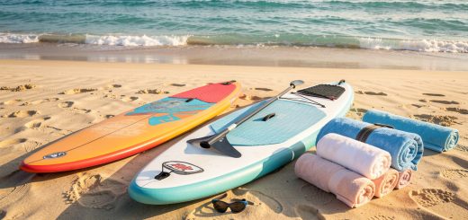Équipements de natation, planche de paddle et matériel de surf soigneusement disposés sur une plage ensoleillée au bord d’une mer turquoise.