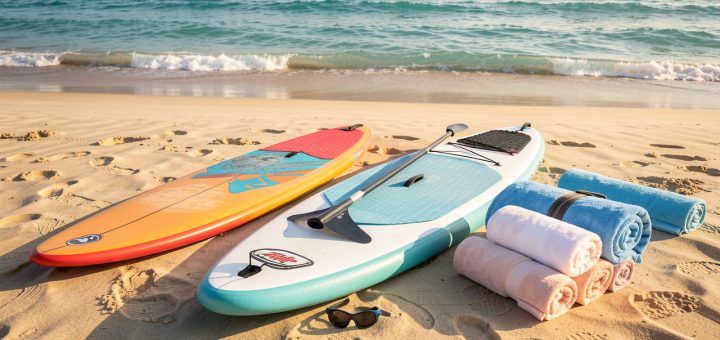 Équipements de natation, planche de paddle et matériel de surf soigneusement disposés sur une plage ensoleillée au bord d’une mer turquoise.