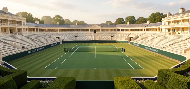 Illustration éditoriale d’un prestigieux tournoi de tennis britannique avec des courts en gazon impeccables, des tribunes élégantes, des haies soigneusement taillées et une douce lumière matinale.