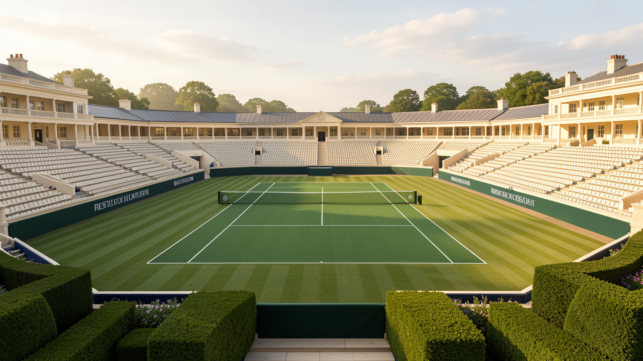 Illustration éditoriale d’un prestigieux tournoi de tennis britannique avec des courts en gazon impeccables, des tribunes élégantes, des haies soigneusement taillées et une douce lumière matinale.