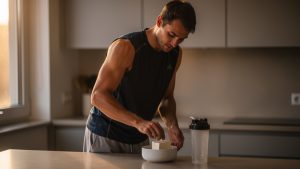 Un sportif amateur prépare un bol de fromage blanc et une gourde protéinée dans une cuisine sobre éclairée par la lumière du soir.