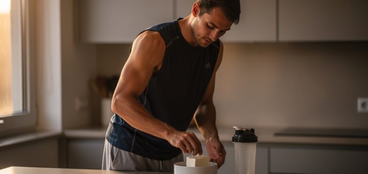 Un sportif amateur prépare un bol de fromage blanc et une gourde protéinée dans une cuisine sobre éclairée par la lumière du soir.