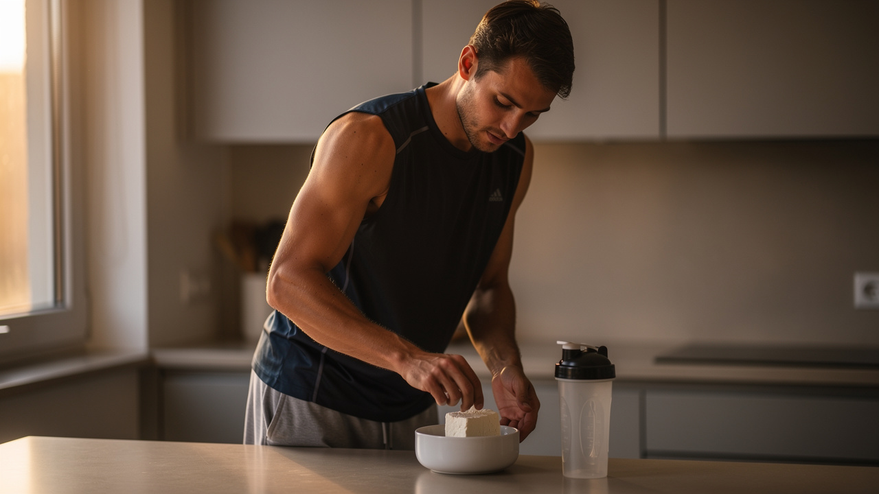 Un sportif amateur prépare un bol de fromage blanc et une gourde protéinée dans une cuisine sobre éclairée par la lumière du soir.