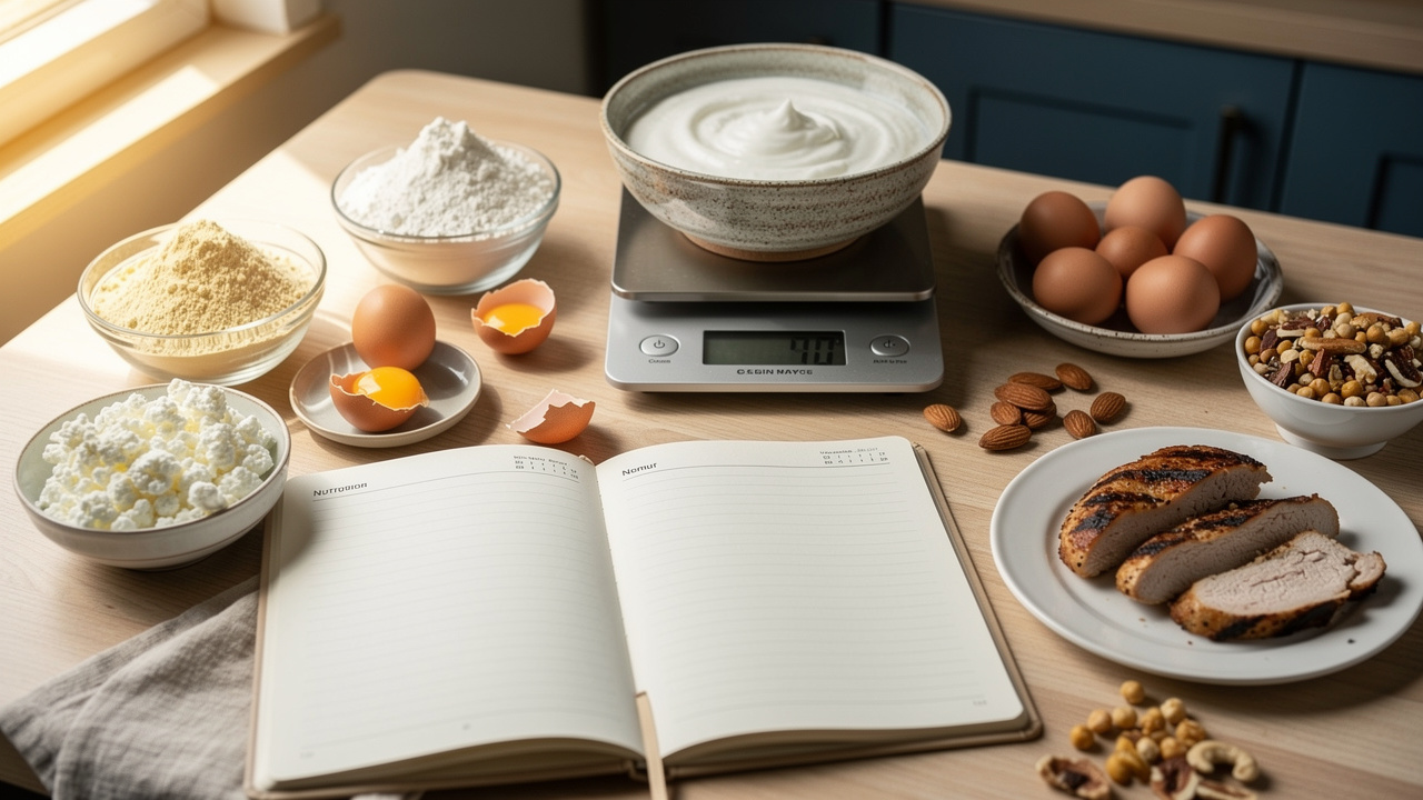 Composition éditoriale présentant de la caséine, de la whey, du yaourt grec et plusieurs aliments riches en protéines autour d’une balance de cuisine et d’un carnet de suivi nutritionnel vierge.