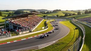 Vue panoramique d’un circuit de course automobile pendant un Grand Prix, avec des monoplaces en piste, des tribunes remplies de spectateurs et des collines verdoyantes autour du tracé.