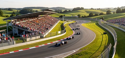 Vue panoramique d’un circuit de course automobile pendant un Grand Prix, avec des monoplaces en piste, des tribunes remplies de spectateurs et des collines verdoyantes autour du tracé.