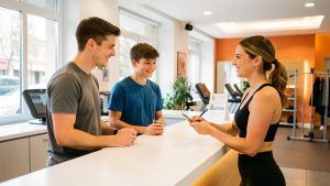 Un jeune homme et un adolescent échangent avec une conseillère souriante à l'accueil lumineux d'un club de fitness, dans une ambiance réaliste et bienveillante.