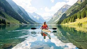 Un homme en kayak portant un gilet de sécurité coloré pagaye sur un lac calme entouré de montagnes sous un ciel lumineux.