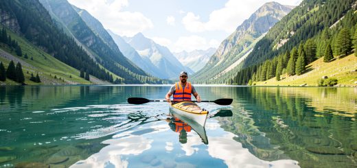 Un homme en kayak portant un gilet de sécurité coloré pagaye sur un lac calme entouré de montagnes sous un ciel lumineux.