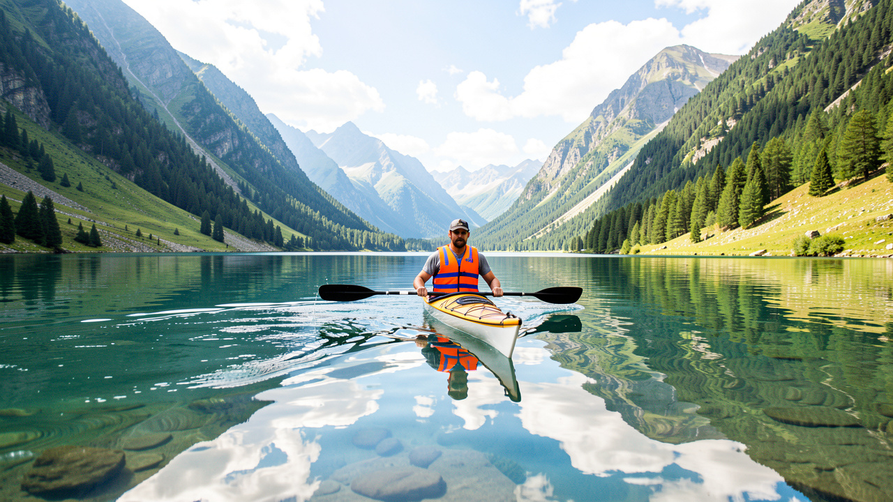 Un homme en kayak portant un gilet de sécurité coloré pagaye sur un lac calme entouré de montagnes sous un ciel lumineux.
