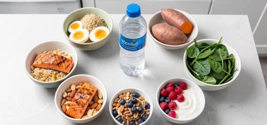 Huit portions d’aliments colorés favorisant la récupération sportive, avec du saumon, des œufs, du quinoa, des patates douces, des légumes verts, des fruits rouges, du yaourt, des noix et une bouteille d’eau.