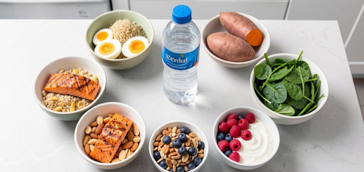 Huit portions d’aliments colorés favorisant la récupération sportive, avec du saumon, des œufs, du quinoa, des patates douces, des légumes verts, des fruits rouges, du yaourt, des noix et une bouteille d’eau.