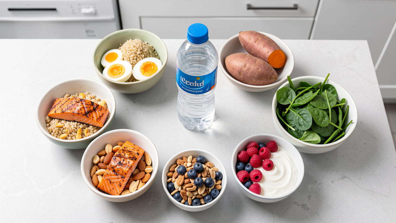 Huit portions d’aliments colorés favorisant la récupération sportive, avec du saumon, des œufs, du quinoa, des patates douces, des légumes verts, des fruits rouges, du yaourt, des noix et une bouteille d’eau.