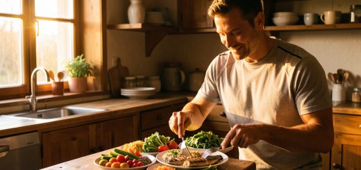 Un homme sportif et détendu prépare un dîner équilibré dans une cuisine chaleureuse éclairée par la lumière dorée du coucher du soleil.