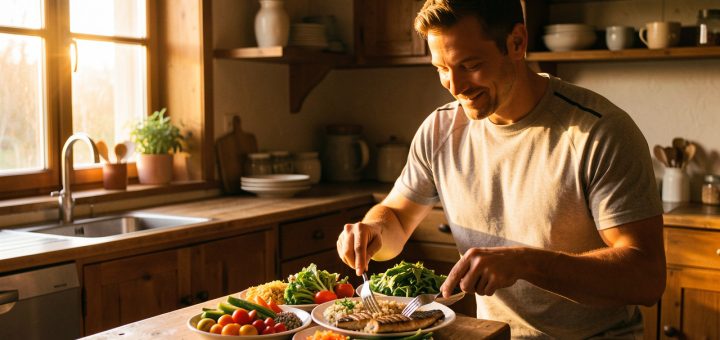 Un homme sportif et détendu prépare un dîner équilibré dans une cuisine chaleureuse éclairée par la lumière dorée du coucher du soleil.