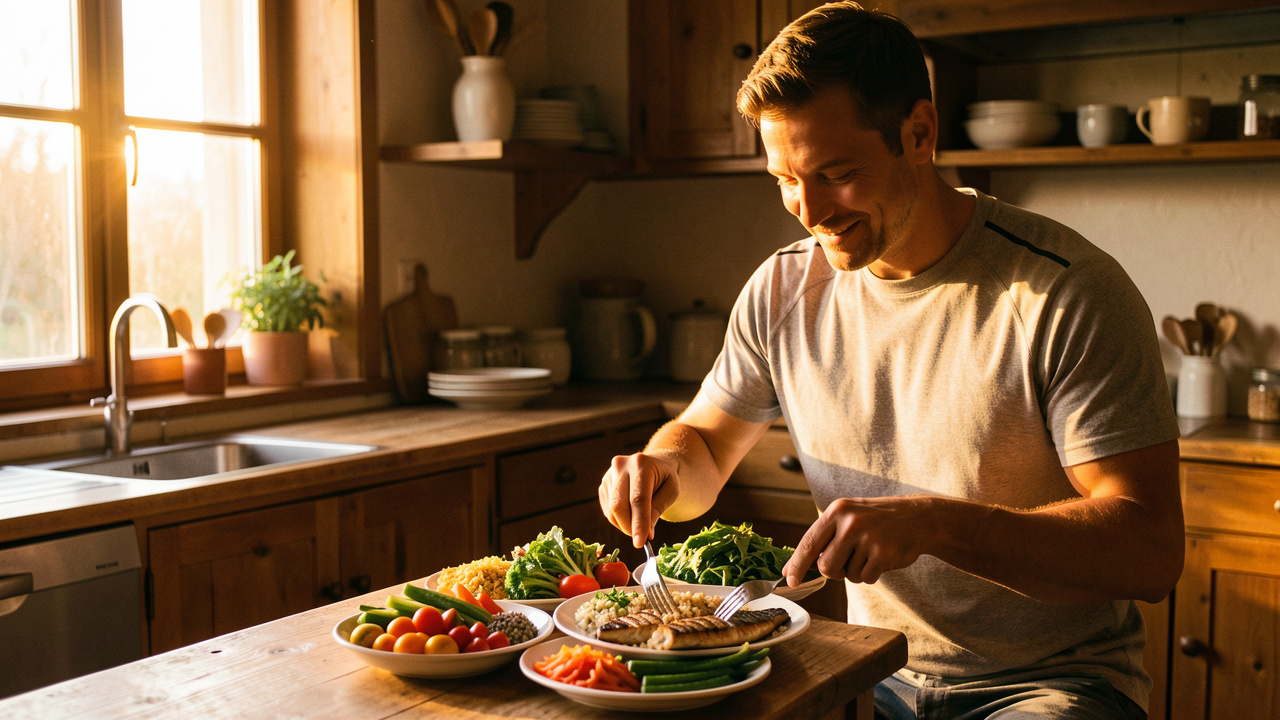 Un homme sportif et détendu prépare un dîner équilibré dans une cuisine chaleureuse éclairée par la lumière dorée du coucher du soleil.