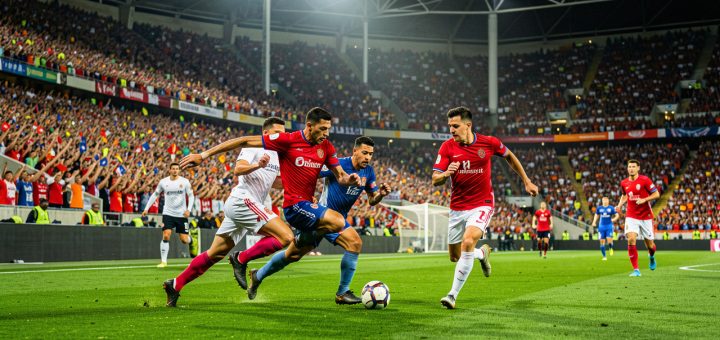 Stade de football international rempli de spectateurs, avec des joueurs en action sur une pelouse éclairée pendant un match de grande compétition.