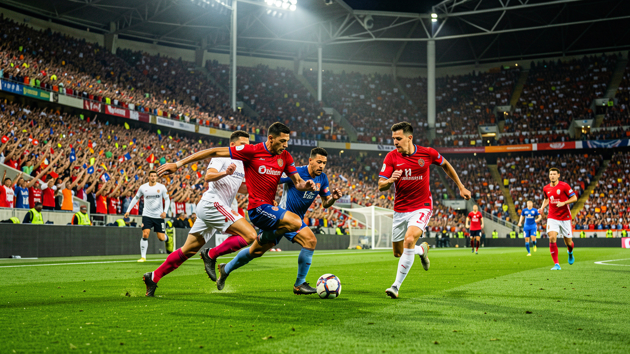 Stade de football international rempli de spectateurs, avec des joueurs en action sur une pelouse éclairée pendant un match de grande compétition.