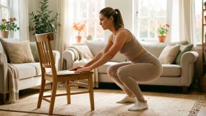 Une femme adulte débutante réalise des squats avec précaution vers une chaise dans un salon lumineux, en tenue de sport sobre.