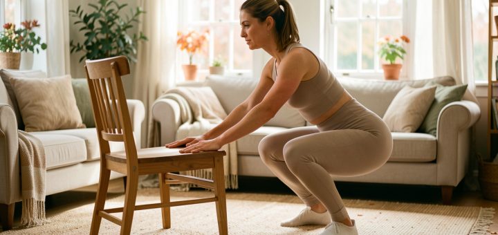 Une femme adulte débutante réalise des squats avec précaution vers une chaise dans un salon lumineux, en tenue de sport sobre.