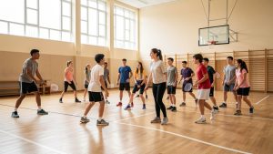 Un groupe diversifié de lycéens et de lycéennes pratique plusieurs activités sportives dans un gymnase lumineux sous l’encadrement bienveillant d’une enseignante.