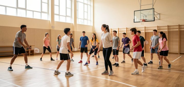 Un groupe diversifié de lycéens et de lycéennes pratique plusieurs activités sportives dans un gymnase lumineux sous l’encadrement bienveillant d’une enseignante.