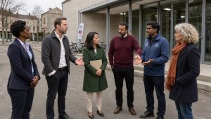 Des candidats et des représentants de clubs sportifs échangent devant un gymnase municipal moderne lors d’un débat public.