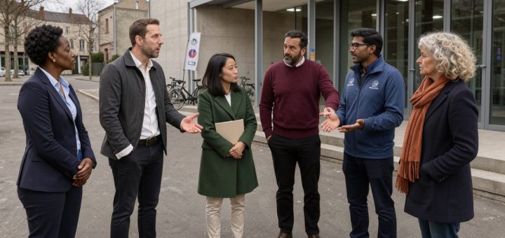 Des candidats et des représentants de clubs sportifs échangent devant un gymnase municipal moderne lors d’un débat public.