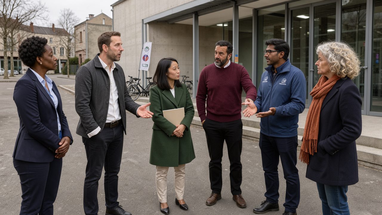 Des candidats et des représentants de clubs sportifs échangent devant un gymnase municipal moderne lors d’un débat public.