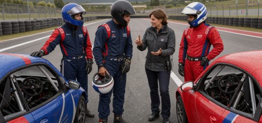 Séance réaliste de formation au pilotage sur circuit, avec de jeunes pilotes casqués et une instructrice donnant des conseils techniques près de voitures d’entraînement.