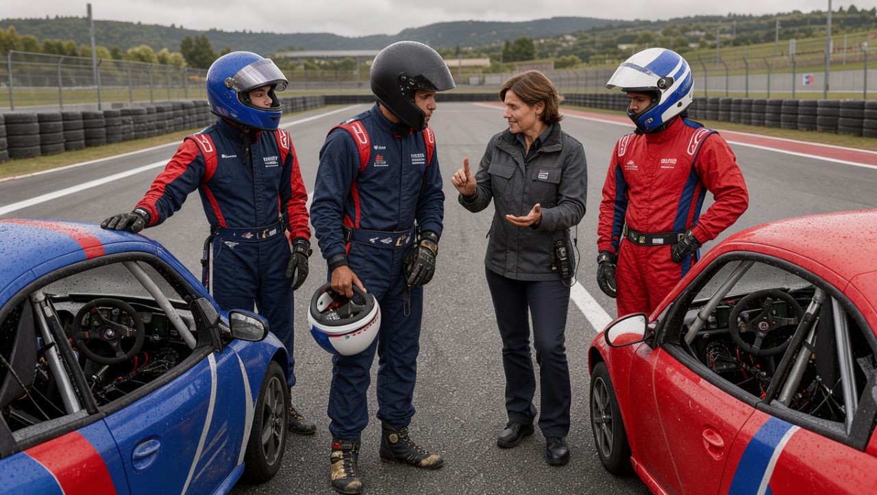 Séance réaliste de formation au pilotage sur circuit, avec de jeunes pilotes casqués et une instructrice donnant des conseils techniques près de voitures d’entraînement.