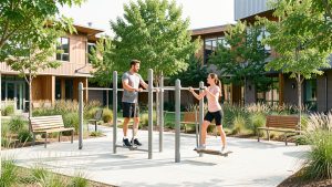 Un homme et une femme utilisent des appareils de fitness extérieurs dans un jardin sportif paysager et lumineux situé près d'un groupe scolaire.