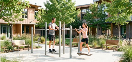 Un homme et une femme utilisent des appareils de fitness extérieurs dans un jardin sportif paysager et lumineux situé près d'un groupe scolaire.