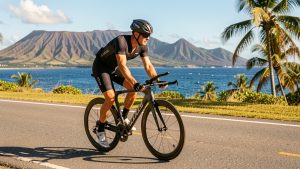 Un triathlète à vélo de contre-la-montre roule seul sur une route côtière ensoleillée, avec un paysage tropical hawaïen en arrière-plan.