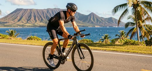 Un triathlète à vélo de contre-la-montre roule seul sur une route côtière ensoleillée, avec un paysage tropical hawaïen en arrière-plan.