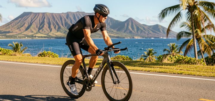 Un triathlète à vélo de contre-la-montre roule seul sur une route côtière ensoleillée, avec un paysage tropical hawaïen en arrière-plan.